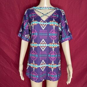 Crazy Train Purple Aztec Print Strappy Criss Cross V-Neck Top – 2X (NWT)